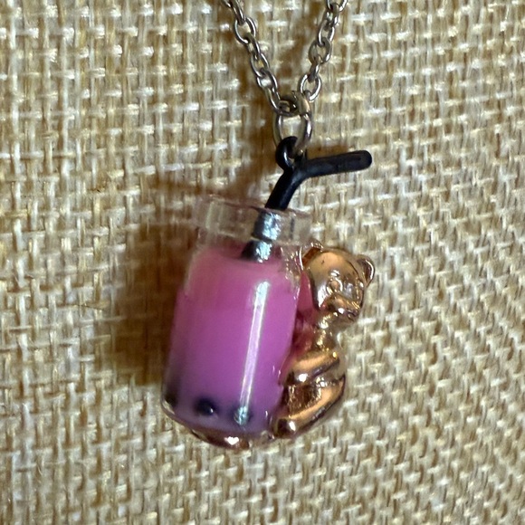 Adorable Gold Teddy Bear with Pink Bubble Tea Pendant Necklace - Picture 4 of 6